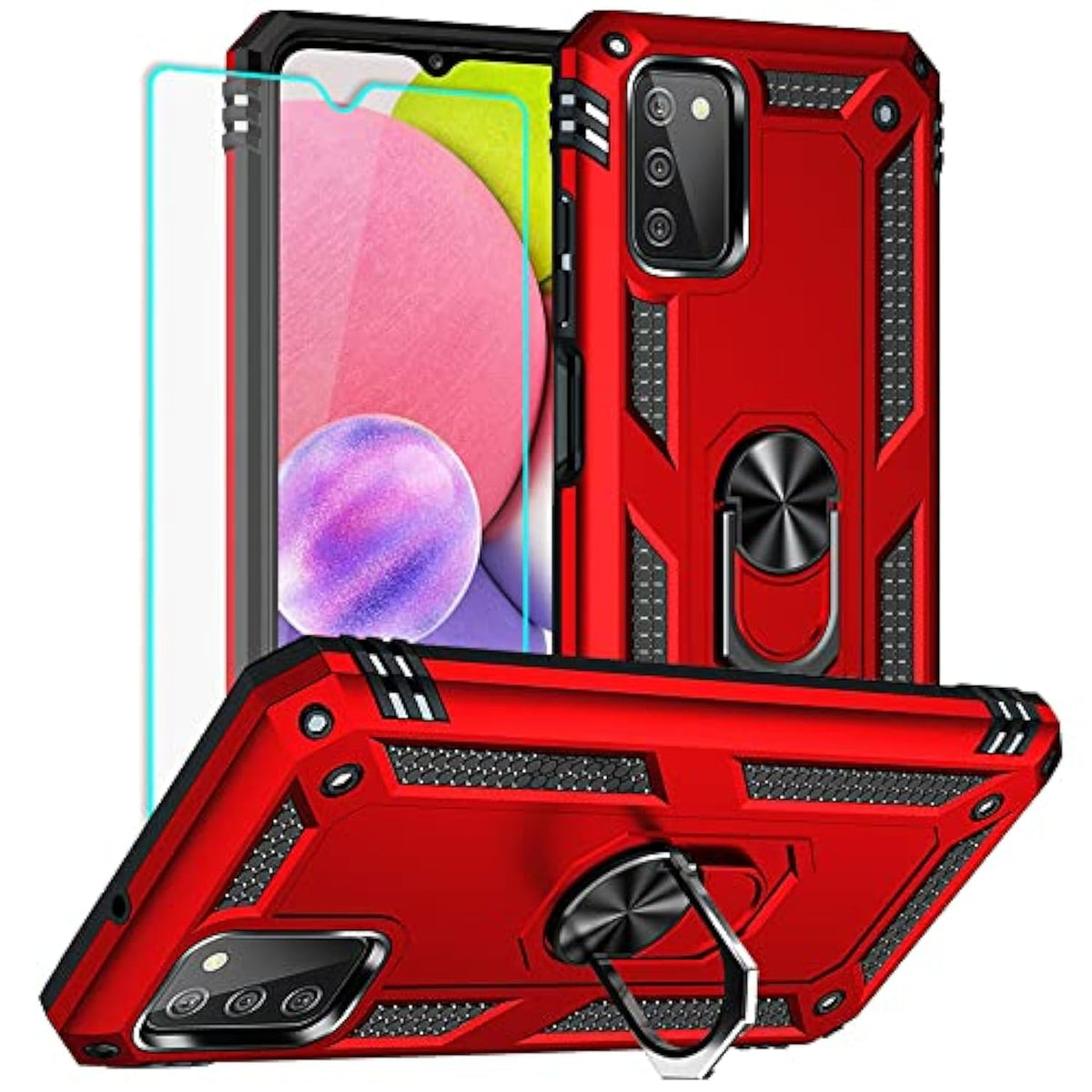 Compatible Phone Case For Samsung Galaxy A03S Case With Hd Screen Protector, Military Grade Protective Cases With Ring For Galaxy A03S (Red)