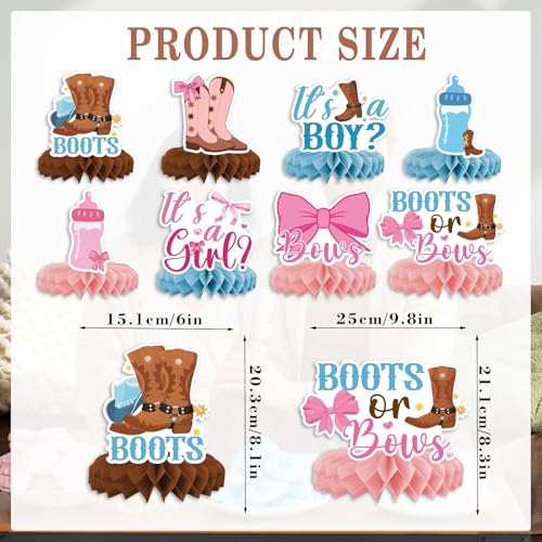 Boots or Bows Gender Reveal Decorations - 8PCS Boots or Bows Honeycomb Centerpieces, Boy or Girl Gender Reveal Decorations, Western Rodeo Wild West Cowgirl or Cowboy Baby Shower Party Deco