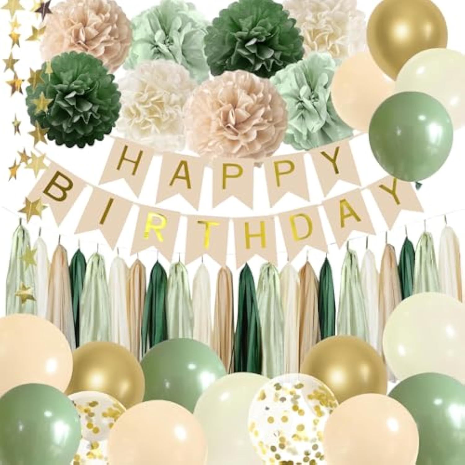 Sage Green Birthday Party Decorations With Banner, Tissue Tassels, Paper Pompoms, Balloons, Star Garland, Cake Topper