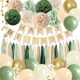 Sage Green Birthday Party Decorations With Banner, Tissue Tassels, Paper Pompoms, Balloons, Star Garland, Cake Topper