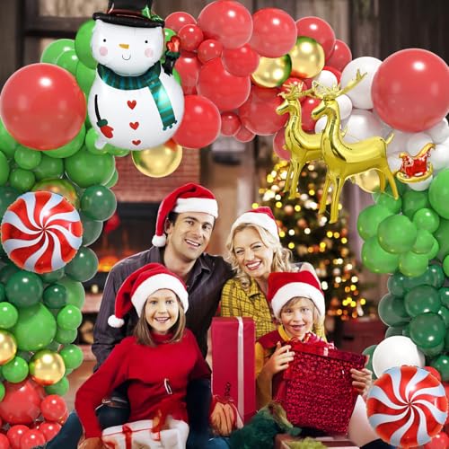 183Pcs Christmas Balloon Garland Arch Kit with Red Gold Green White and Xmas Candy Cane Lollipop Sled Reindeer Foil Balloons for Christmas Party Decorations