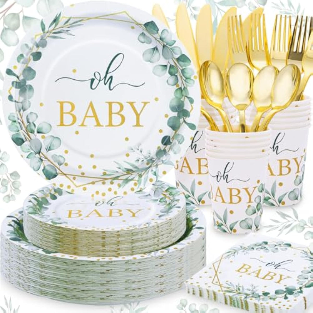 168PCS Sage Green Baby Shower Tableware Set – Plates, Cups, Napkins for 24
