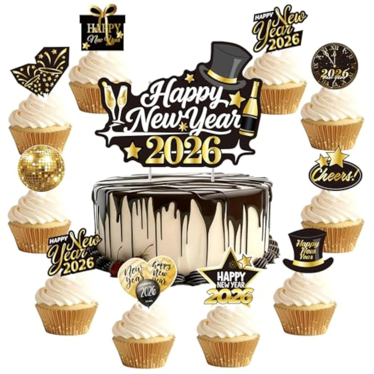73 Pcs 2026 Happy New Year Cupcake Toppers Gold and Black for Party Decorations