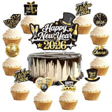 73 Pcs 2026 Happy New Year Cupcake Toppers Gold and Black for Party Decorations