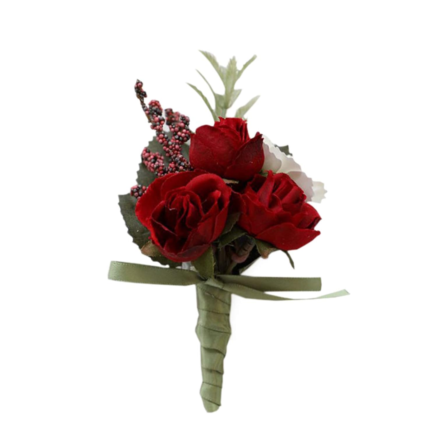 Rose Boutonniere Buttonholes Corsage Artificial Groom Rose Wedding Flowers Brooch Prom Party Suit Decoration, Pack Of 1, Red