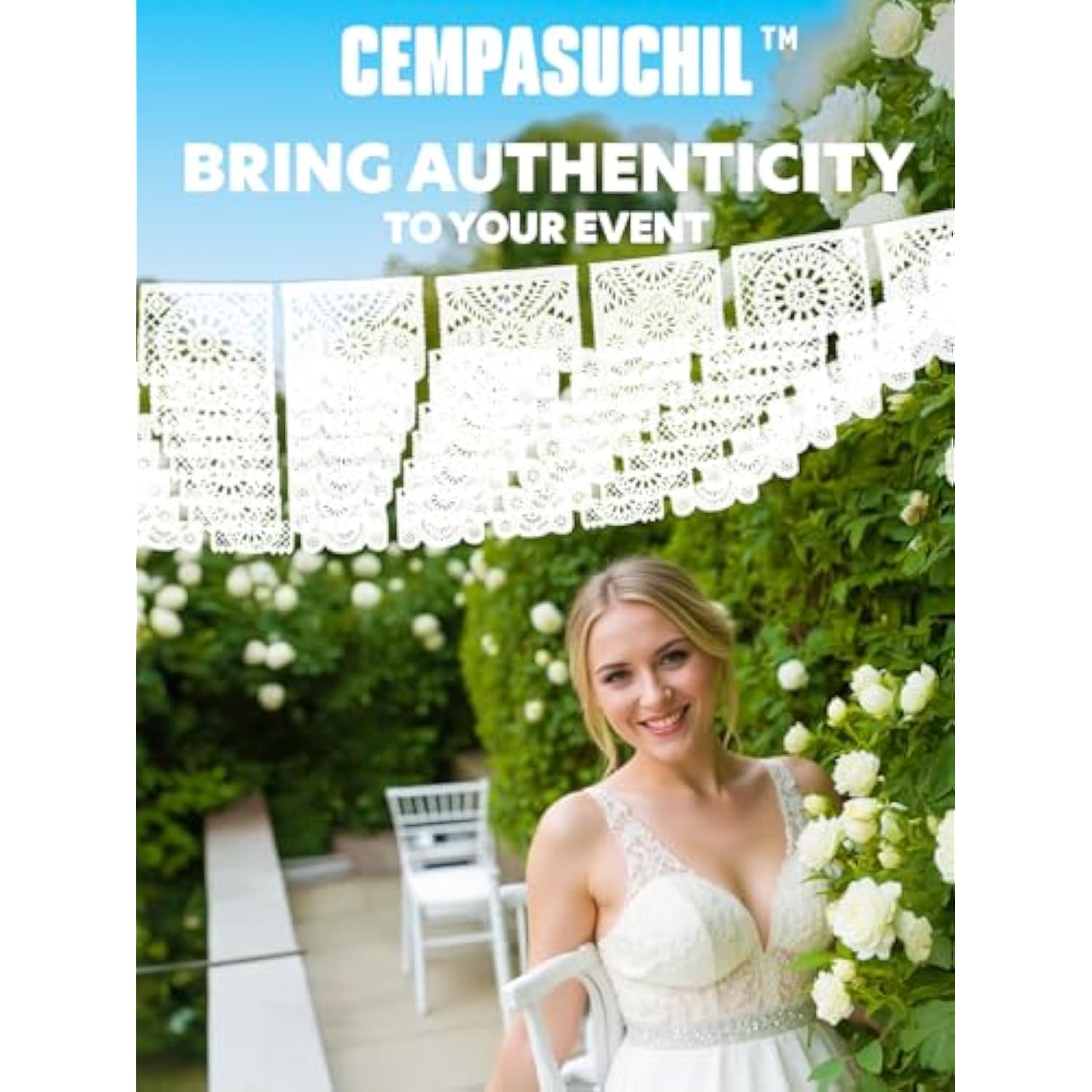 10 Pack White Papel Picado Banner 180 Ft (18 Ft X 10), 100% Made In Mexico, Papel Picado Blanco, White Mexican Banner, For Parties, Wedding, Baby Shower, Bautizos, Bodas, Birthdays | 10 Plastic Flags Per Banner |