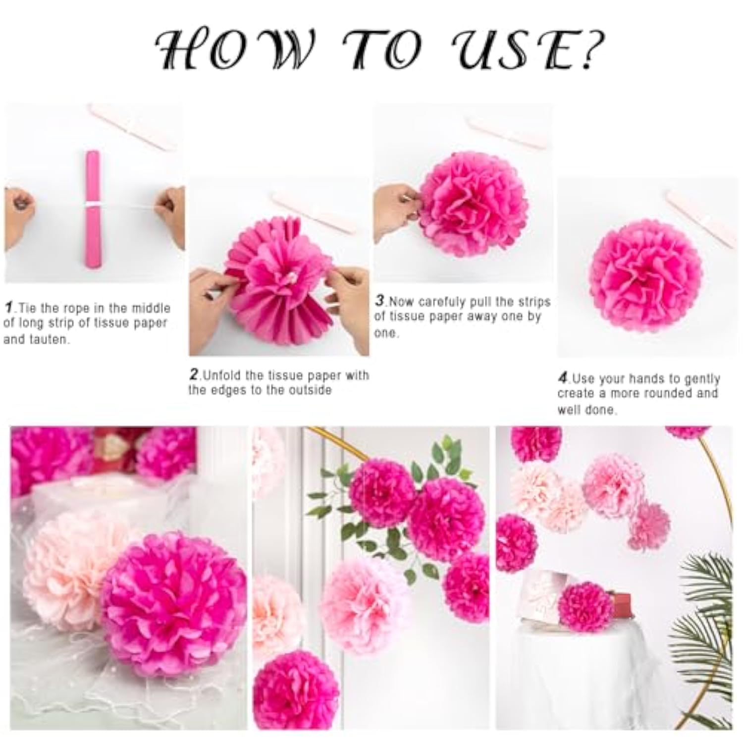 Hot Pink Tissue Pom Poms Paper Flowers Hanging Decorations Pink Flower Ball For Mother'S Day Baby Shower Wedding Nursery Birthday Party Backdrop Home Outdoor
