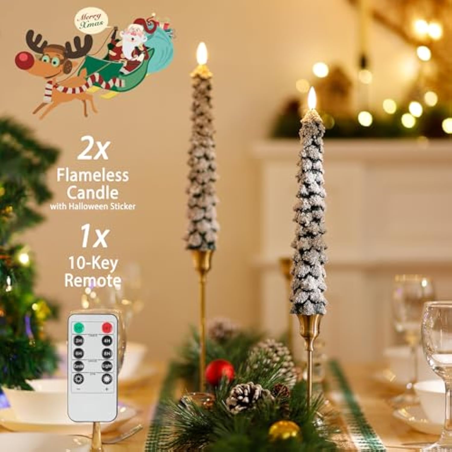 Christmas Tree Candles With 3D Wick, 11.4" Green Real Wax Flameless Taper With Remote, Flickering Led Xmas Candlesticks Battery Operated For Home, Party Decor, 2 Pack