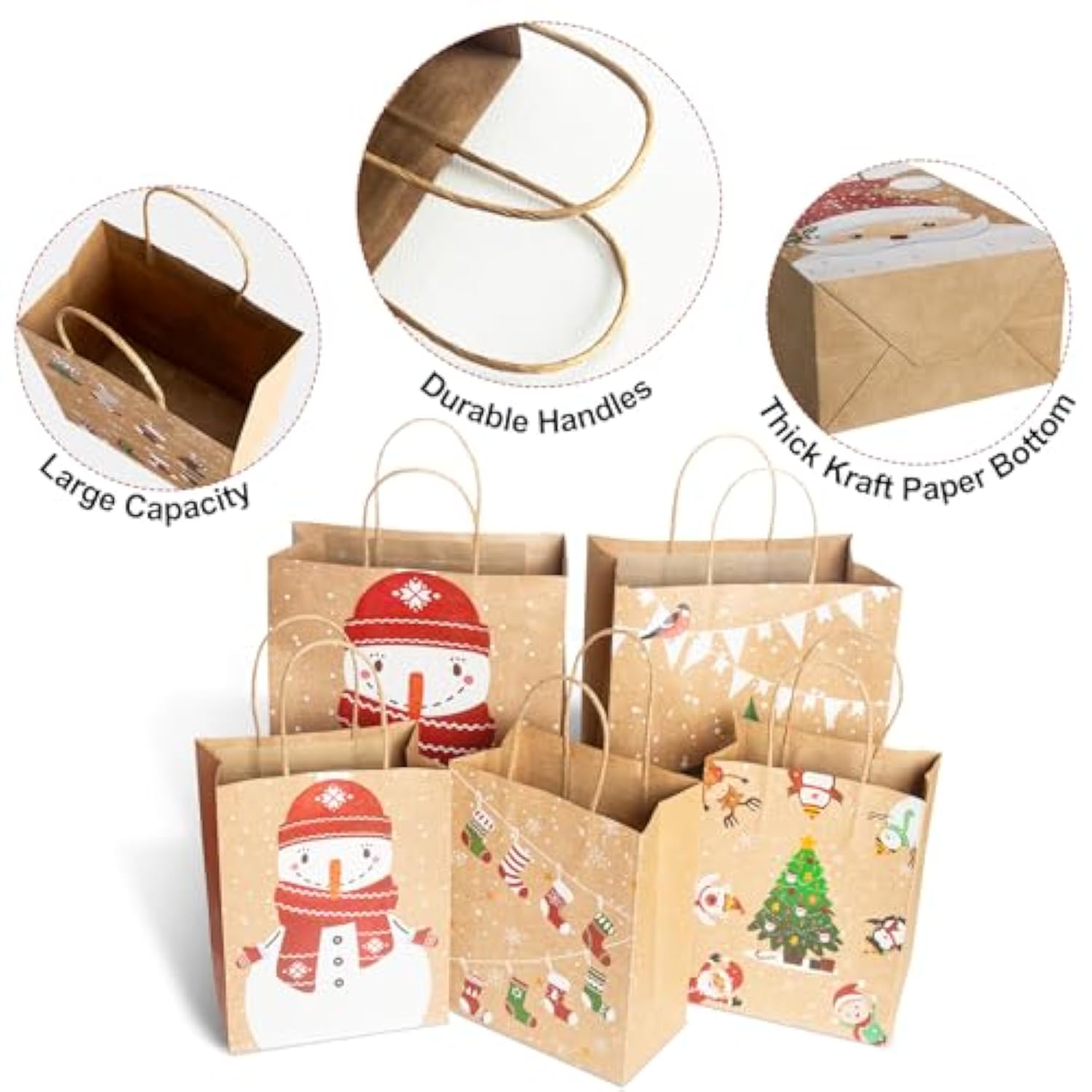 Christmas Gift Bags, 24-Pack Kraft Paper Gift Bags With Handles, 12 Large 13” & 12 Medium 9” Assortment For Holiday Party Favors, Gift Wrapping, Xmas Decor