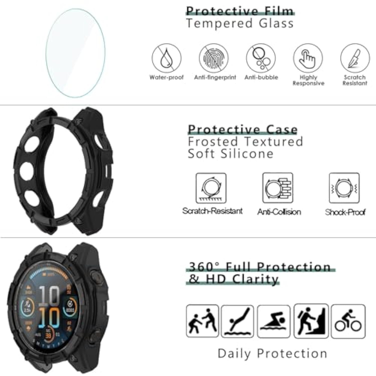 [1+4 Pack] Case With Tempered Glass Screen Protector Compatible With Garmin Fenix 8 Amoled 47Mm (Not For Fenix 8 47Mm Solar), Bumper Full Coverage Protective Soft Cases Face Cover For Fenix 8 Amoled 47Mm