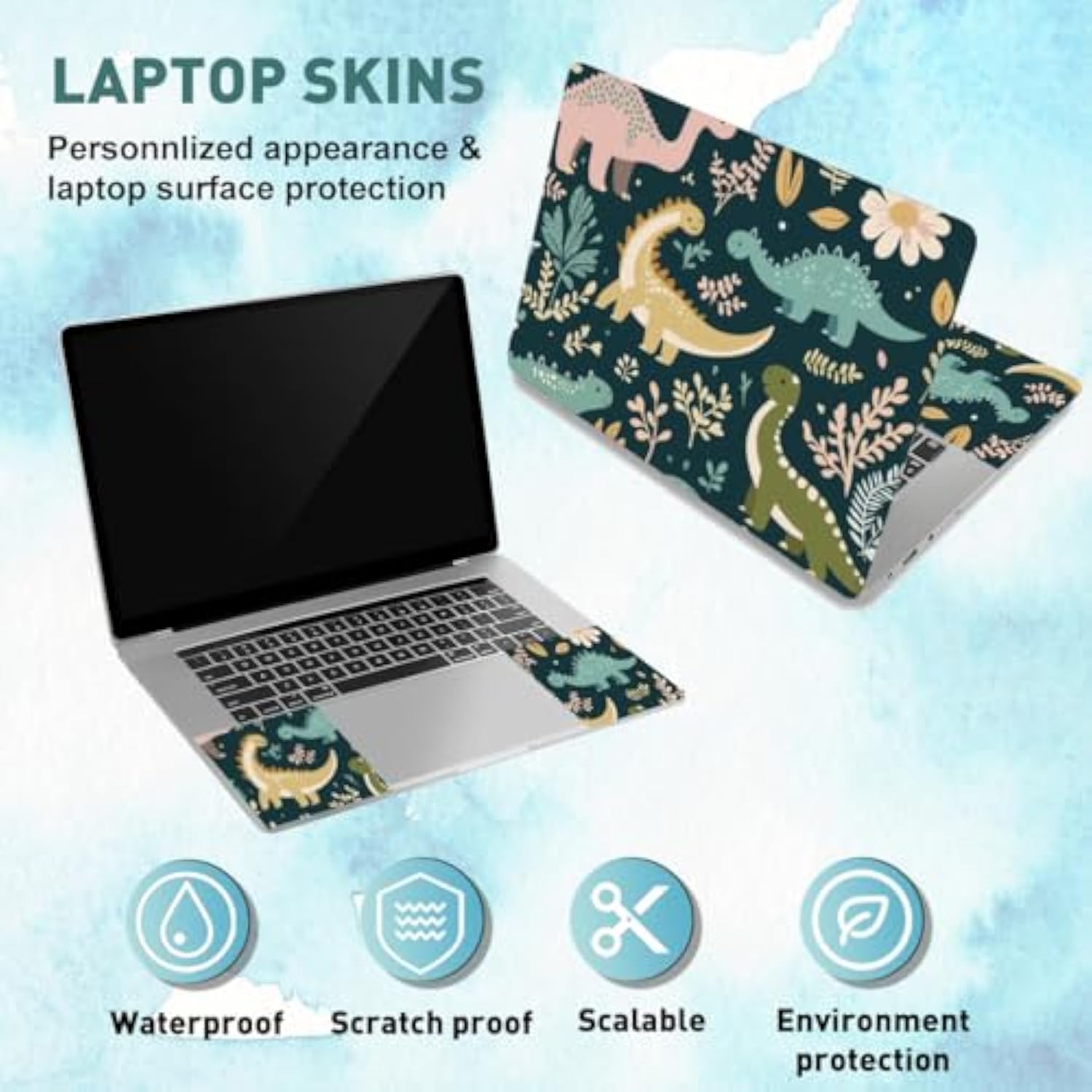 Cartoon Dinosaur Laptop Skin Stickers, Reusable Netbook Skin Sticker Vinyl Decals For Pc Notebook Laptops Keyboard Cover Universal 12" 13" 13.3" 14" 15" Waterproof Laptop Case Protector Film