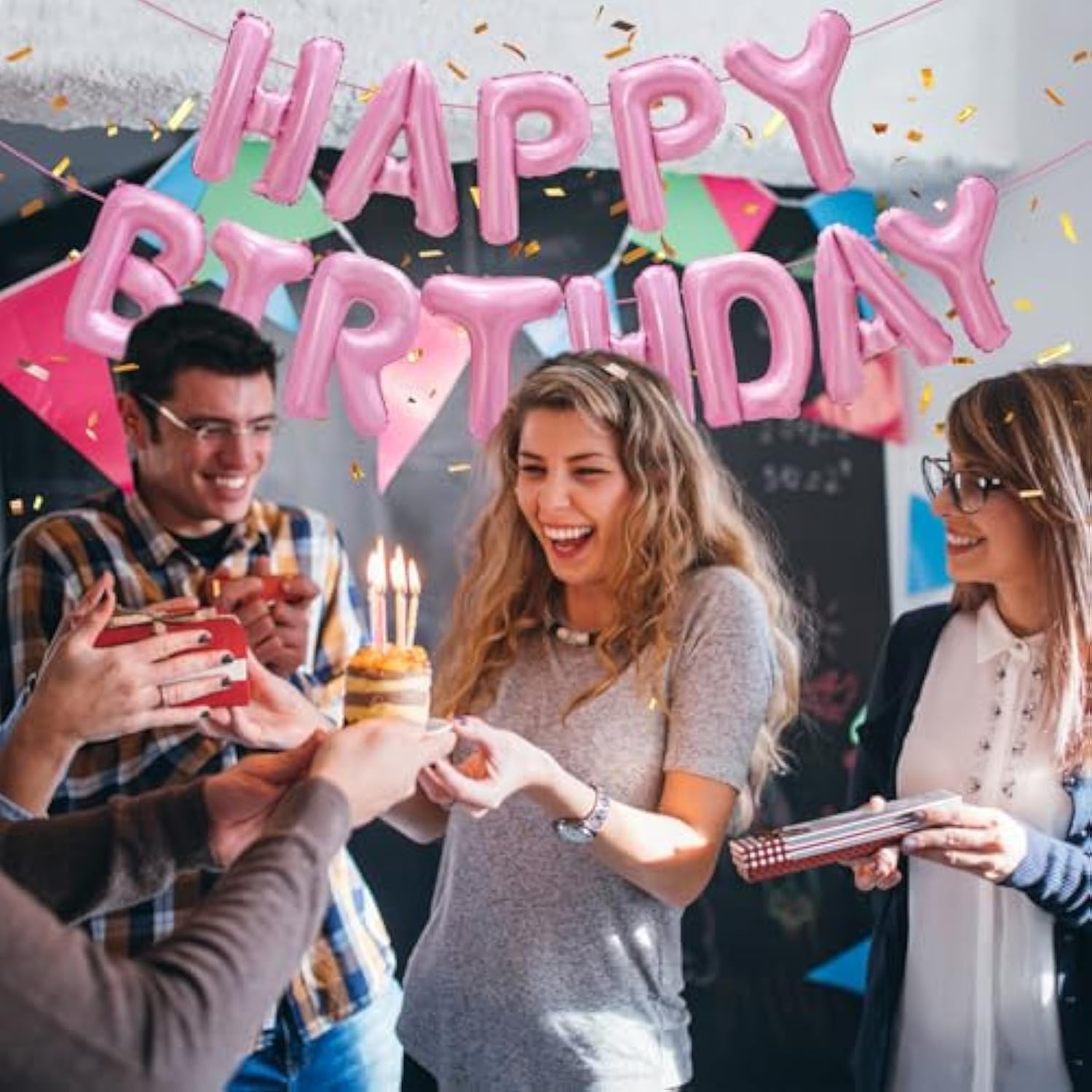 16" Pink Happy Birthday Balloon Banner – Party Decoration for Women & Girls’ Birthday Celebrations