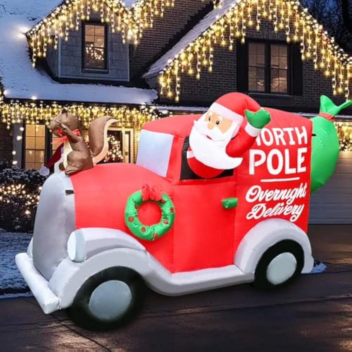 Christmas Inflatable 6Ft Santa Claus Outdoor Decorations Blow Up Gift Truck With Presents & Squirrel Lighted Xmas Car Ou