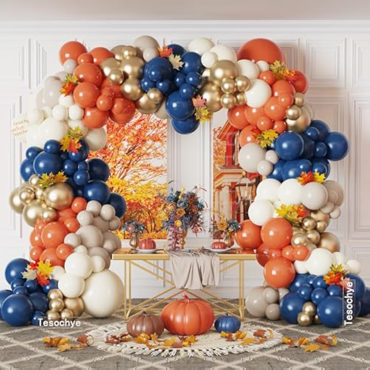 176pcs Fall Balloon Arch Kit Navy Blue Gold Orange White Garland for Party Decorations