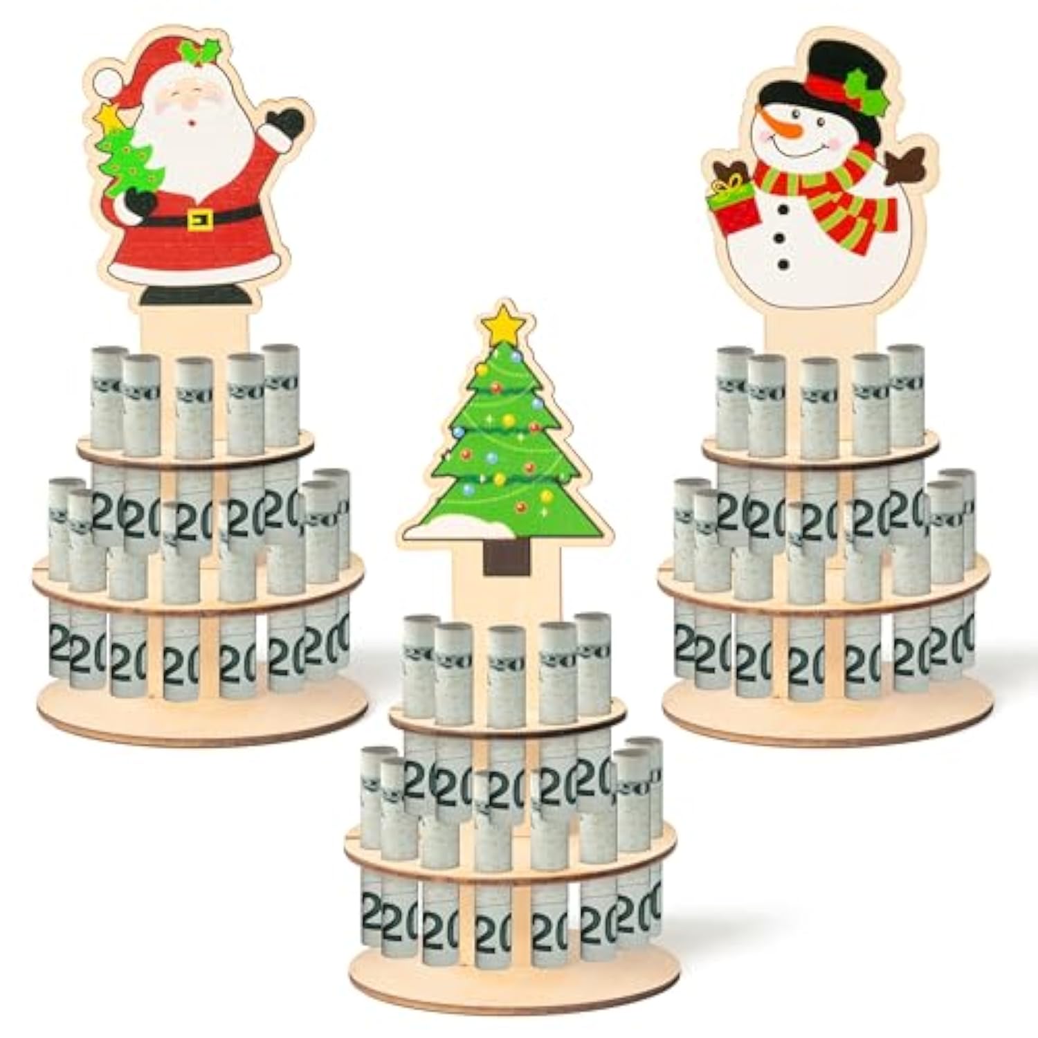 3Pcs Christmas Unique Money Holder For Cash Gift, Merry Christmas Money Cake Wooden Cash Holders With 25 Holes, Xmas Cake Decoration Card For Party Decor Supplies