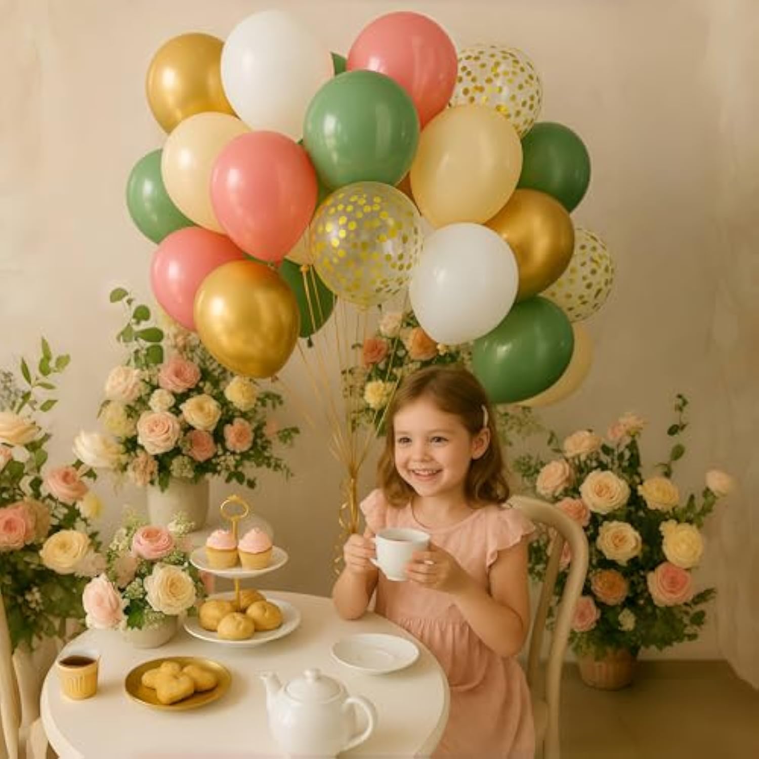 Sage Green And Dusty Pink Balloons, Retro Pink And Green White Gold Confetti Baby In Bloom Balloons For Girls Women Fairy Floral Wildflower Birthday Woodland Baby Shower Garden Tea Party Decorations