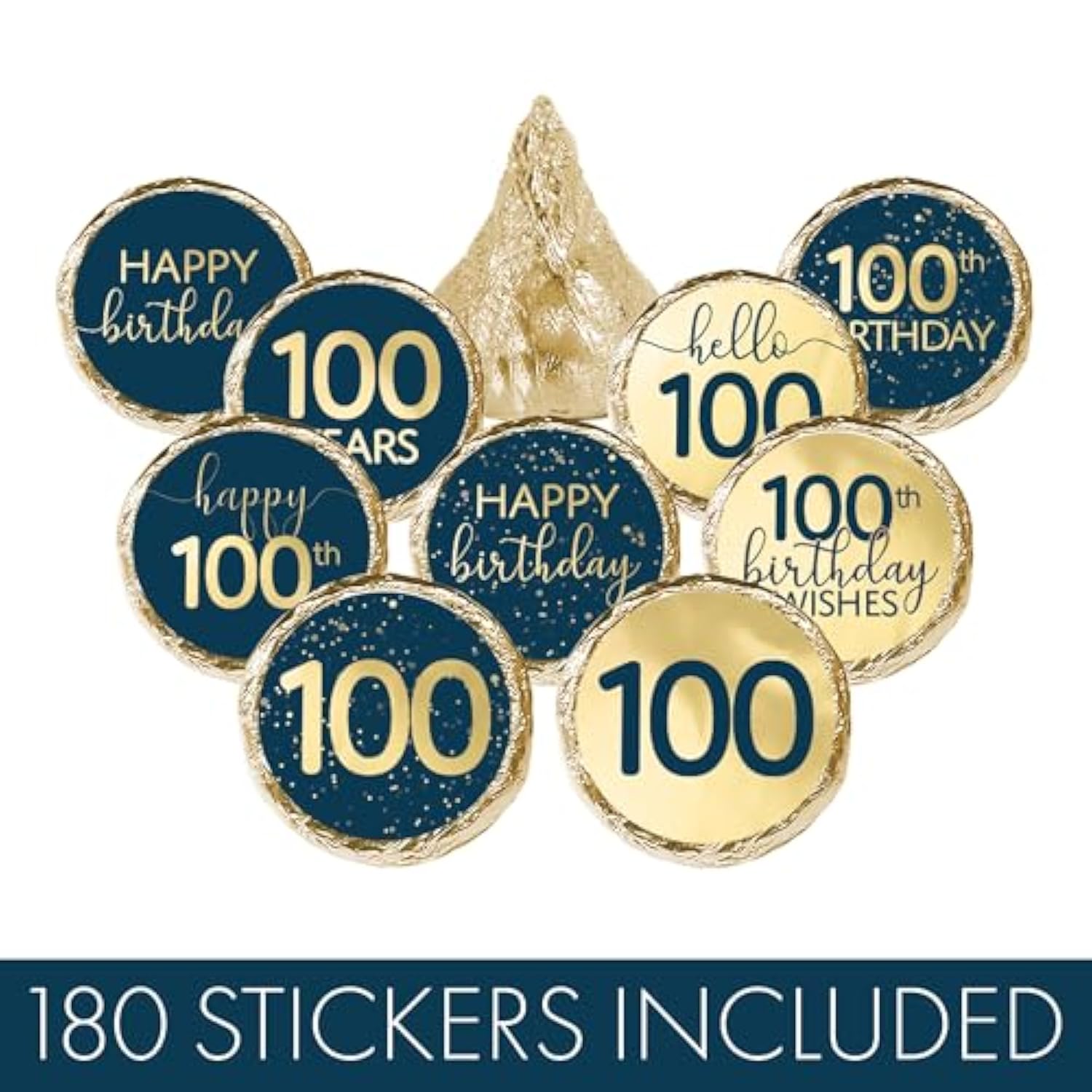 100Th Birthday Party Favor Stickers – 180 Navy Blue And Gold Foil Labels For Chocolate Kisses – Candy Decorations For 100Th Birthday Celebration