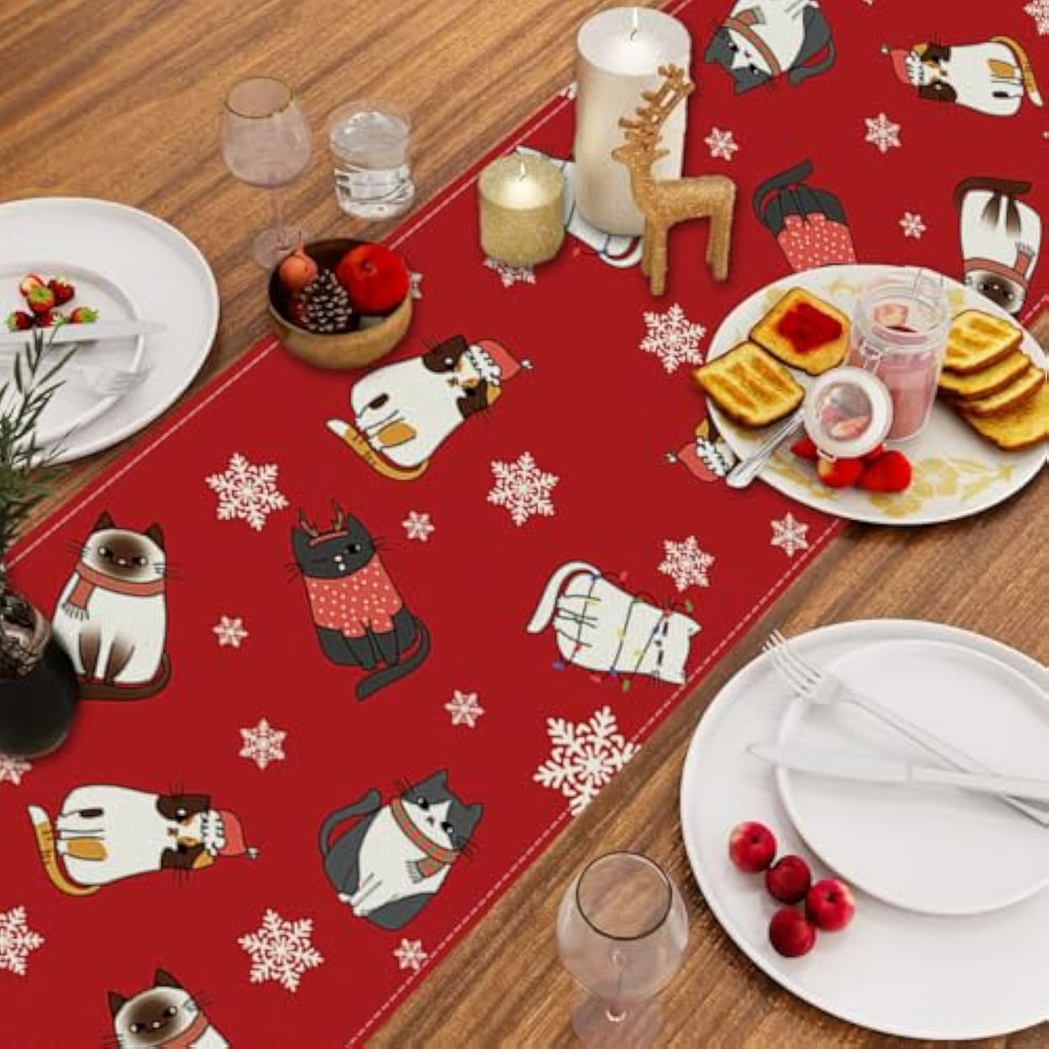 Cat Christmas Table Runner Meowy Christmas Snowflake Red Table Decoration For Winter Xmas Holiday Kitchen Dining Home Party 13X72 Inch