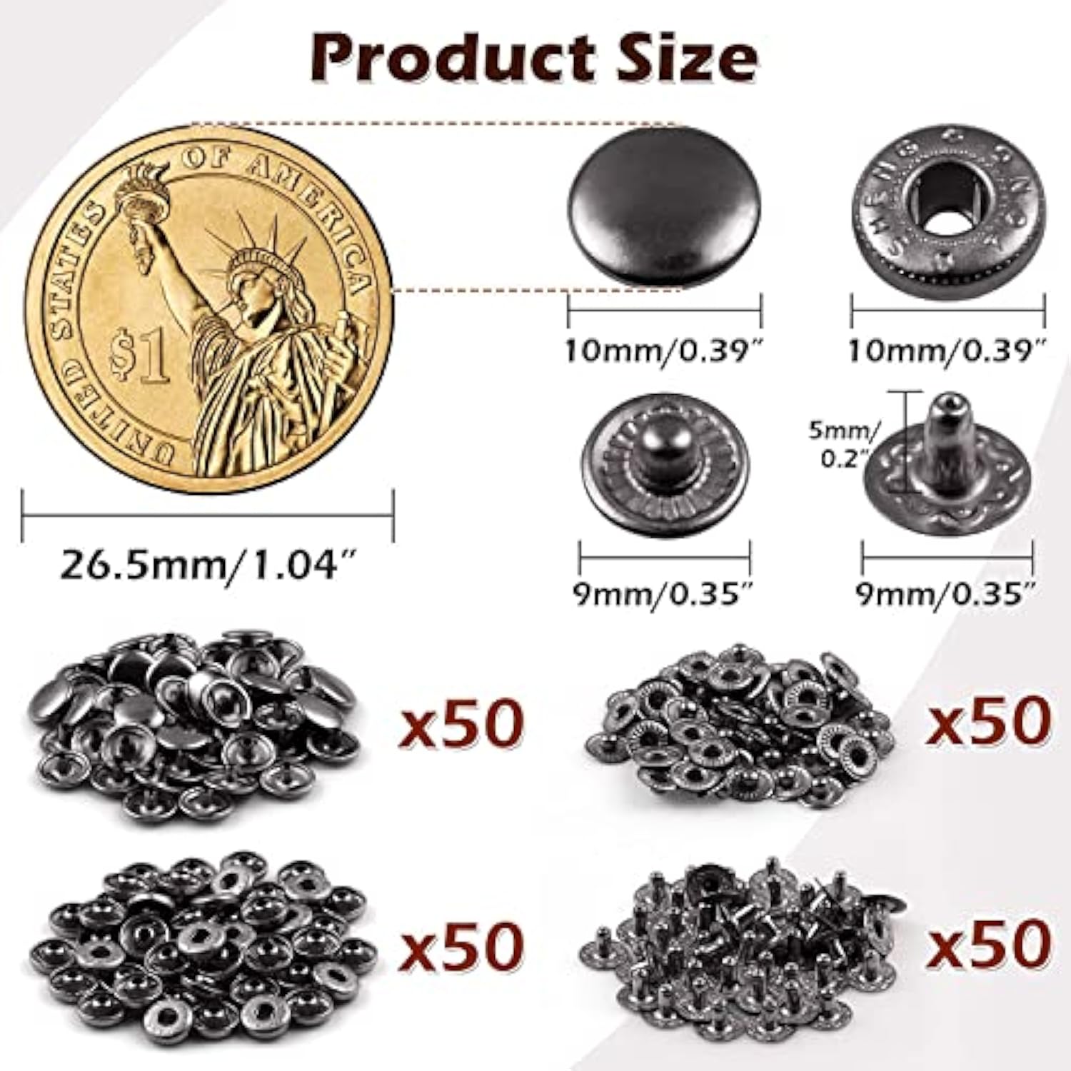 Snap Fasteners Kit 10Mm 50 Sets Snap Buttons For Fabric Clothes Sewing