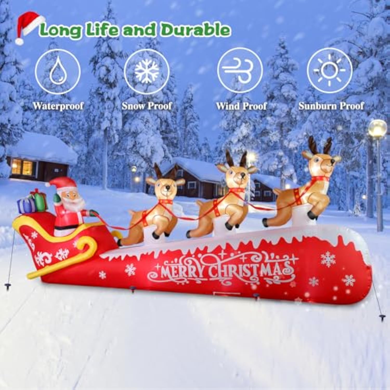 12Ft Christmas Inflatable Santa Claus On Sleigh With 3 Reindeers Outdoor Decorations, Giant Christmas Blow Up Yard Decor