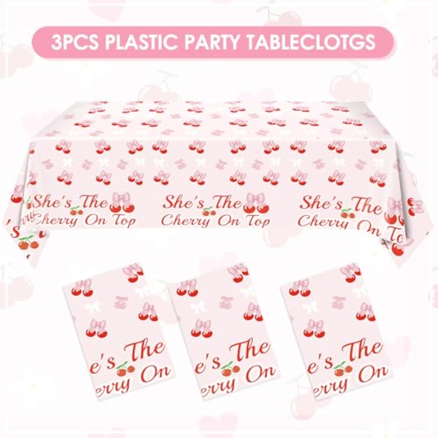 3Pcs Pink Bow Cherry Table Cloths Cherry Birthday Decorations 52.5?×70?Disposable Waterproof Rectangle Bow Tablecloth For Birthday Baby Shower Wedding Bridal She'S The Cherry On Top Decor