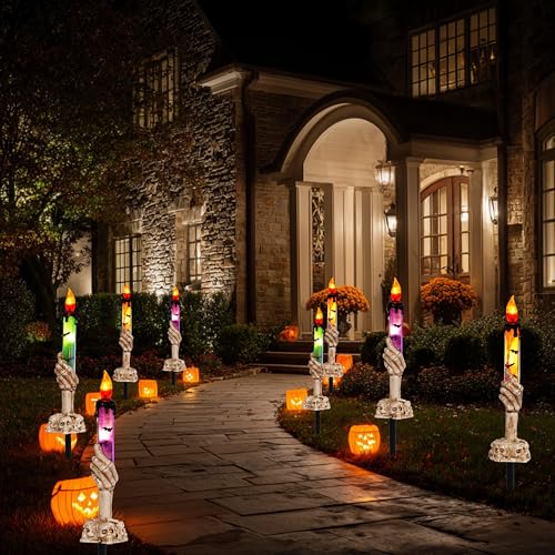 Halloween Decorations, 10 Pack Lighted Battery Operated Skeleton Hands Hold Candle with Stakes, Pathway Decor for Indoor Outdoor Party Home Garden