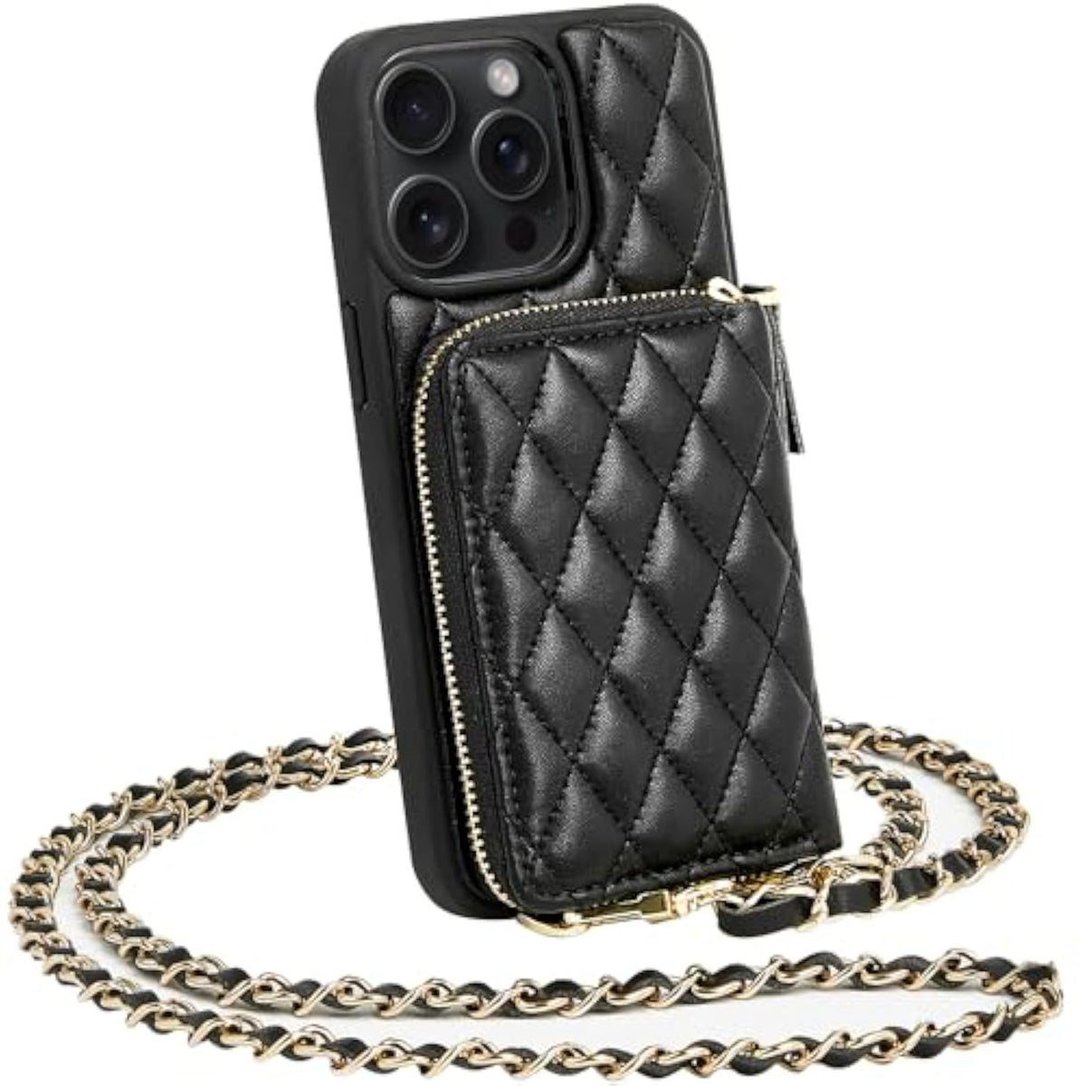 For 14 Pro Max Wallet Case, Card Holder Case Crossbody Purse For Women Quilted Leather Rfid Shockproof Cover Compatible With 14 Pro Max, 6.7 Inch-Black