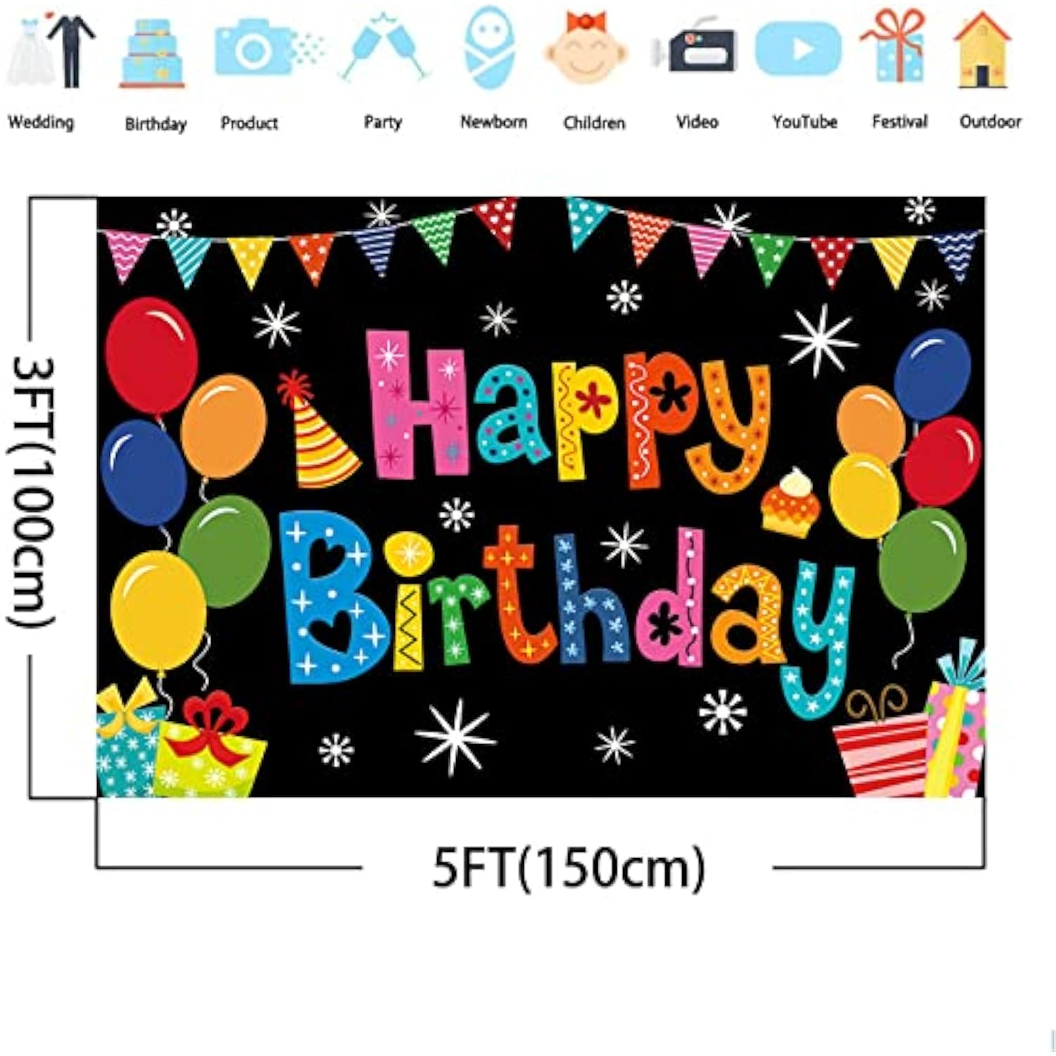 Colorful Happy Birthday Backdrop Banner 5x3ft Party Decor & Photo Prop