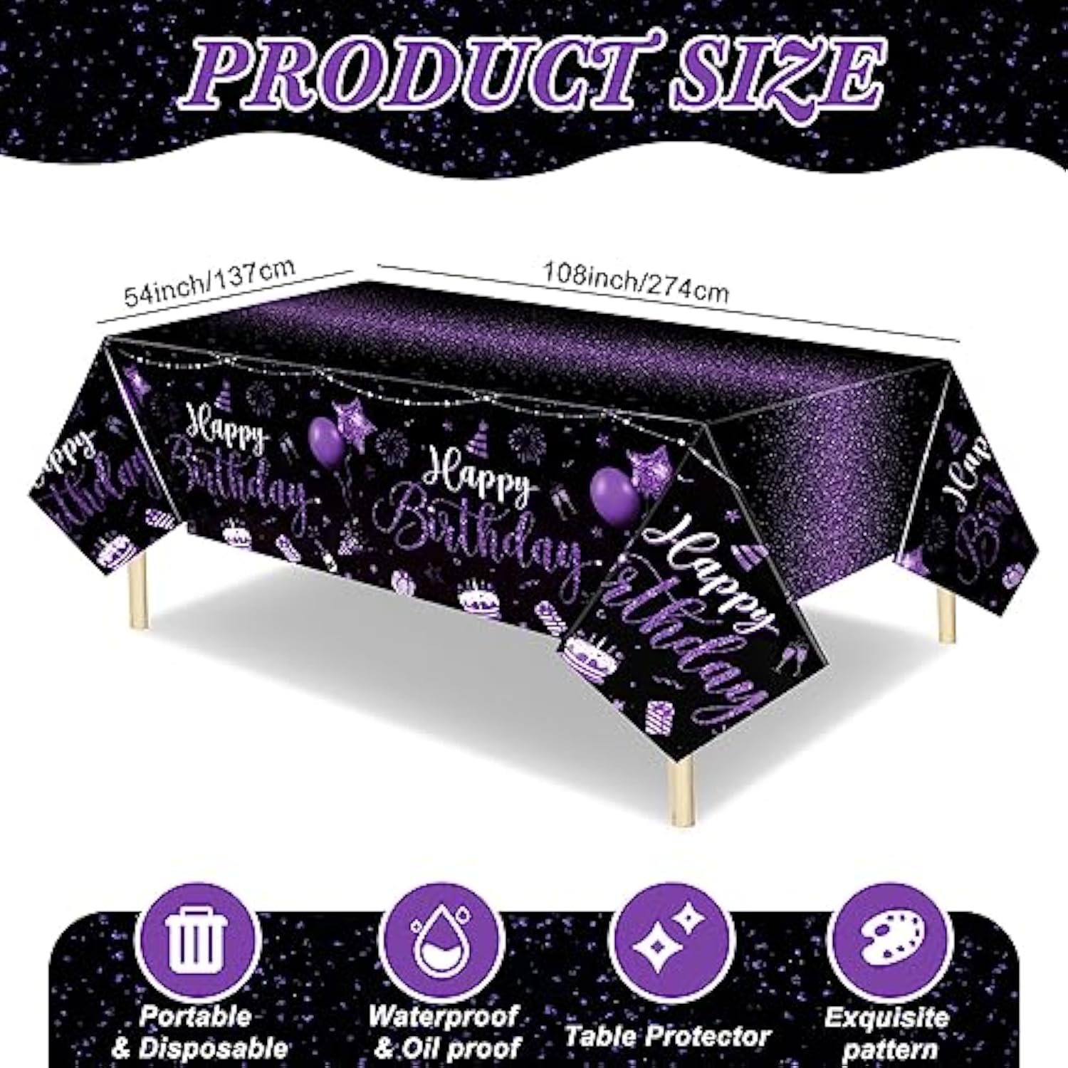 3PCS Happy Birthday Tablecloths (108"x54") for Party Decor, Baby Shower & More