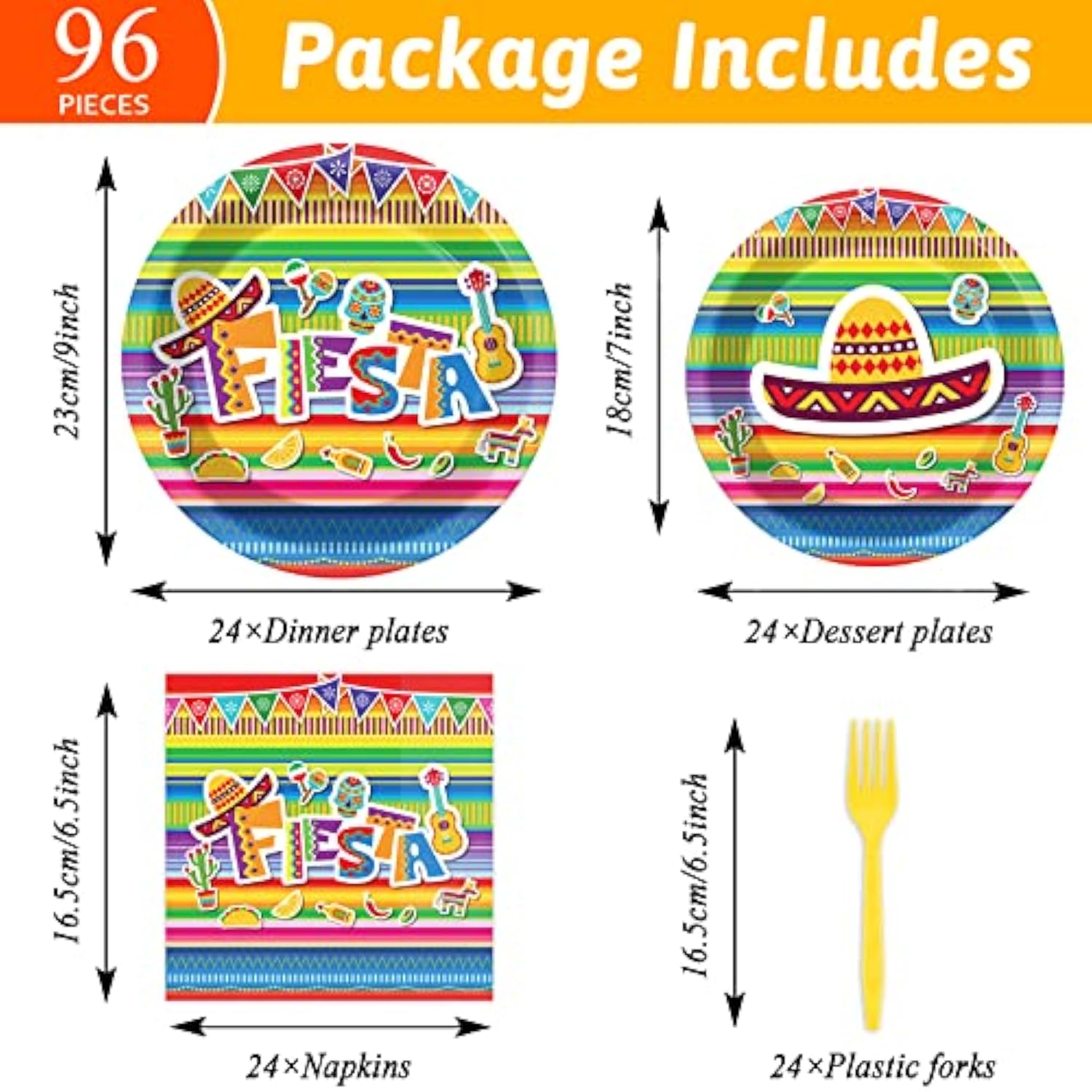 96 Pieces Fiesta Party Decorations Mexican Plates Tableware Set For De Mayo Party Decorations Supplies Mexican Themed Paper Dessert Plates Napkins Forks For 24 Guests Birthday Party Favors
