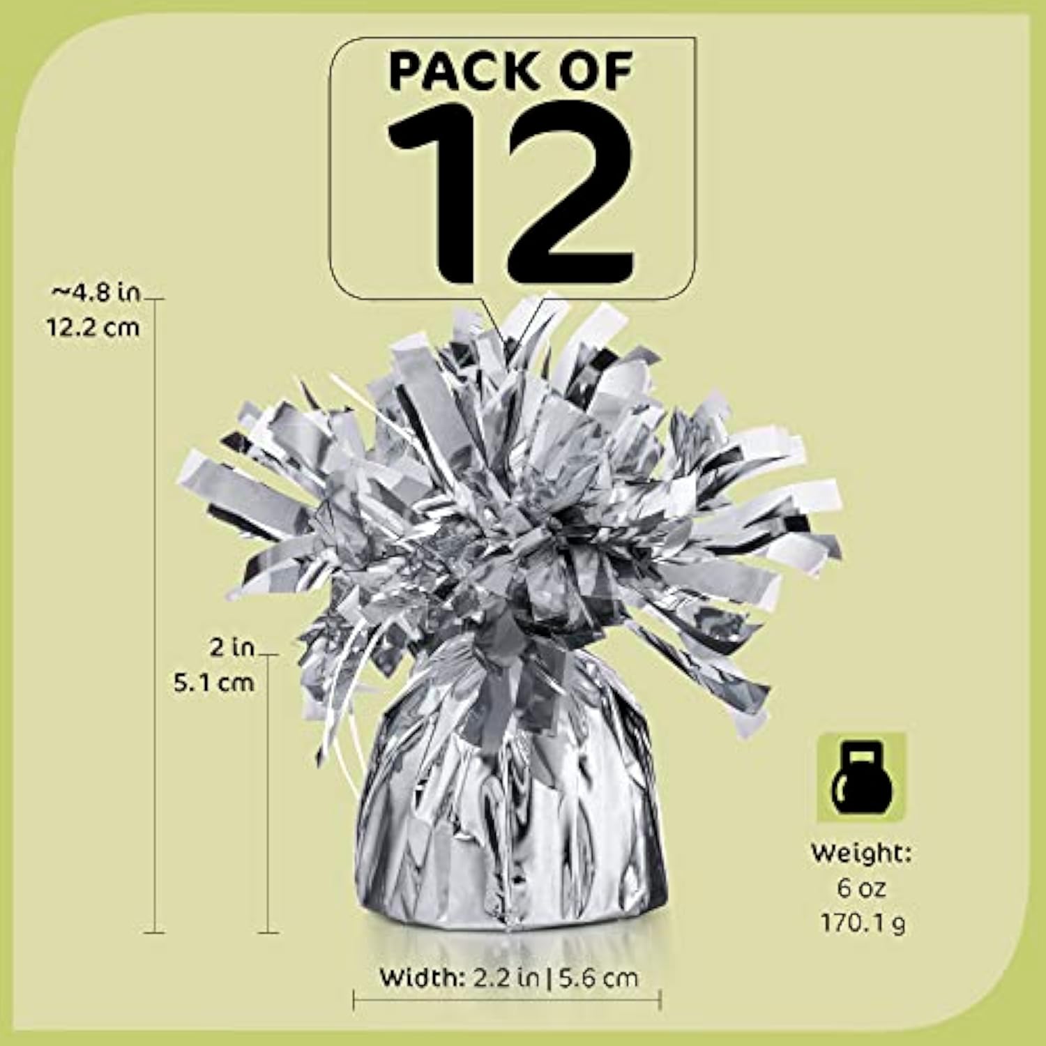 12-Pack Silver Balloon Weights – 4.8" Metallic Foil Weights for Helium Balloons & Table Decor