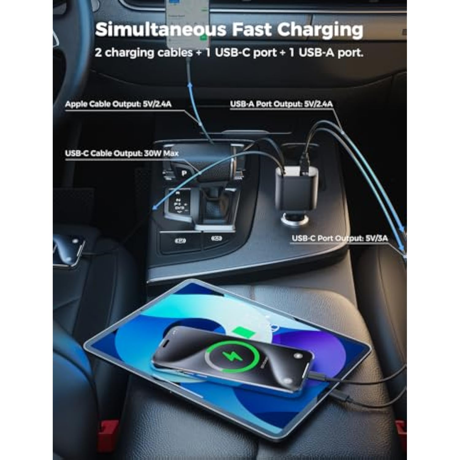 4-in-1 Retractable Car Charger with 2.6ft Cord, Fast Charging for iPhone/Galaxy