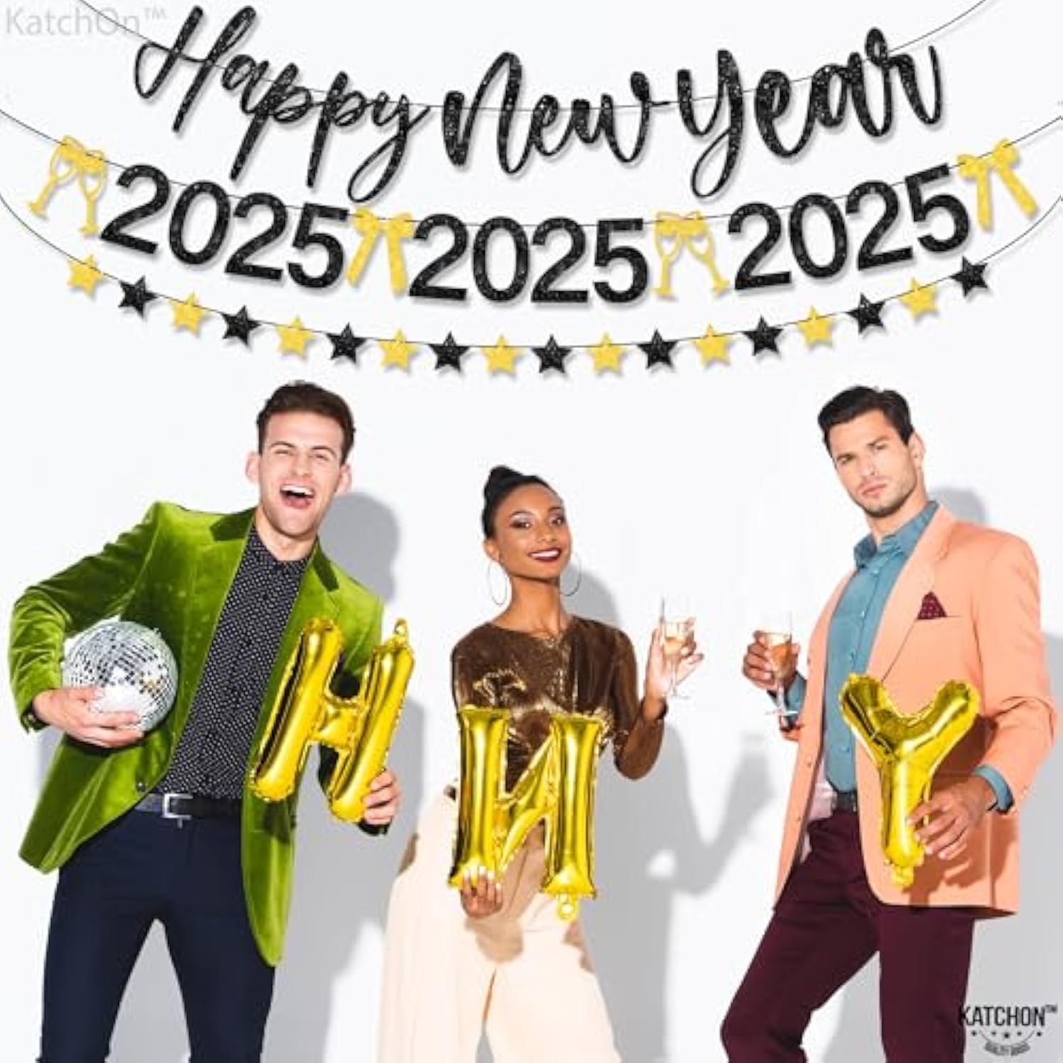 Glitter Happy New Year Banner - 10 Feet, 3 Strings, No Diy | Black And Gold 2025 Sign | New Years Eve Party Supplies And Decorations