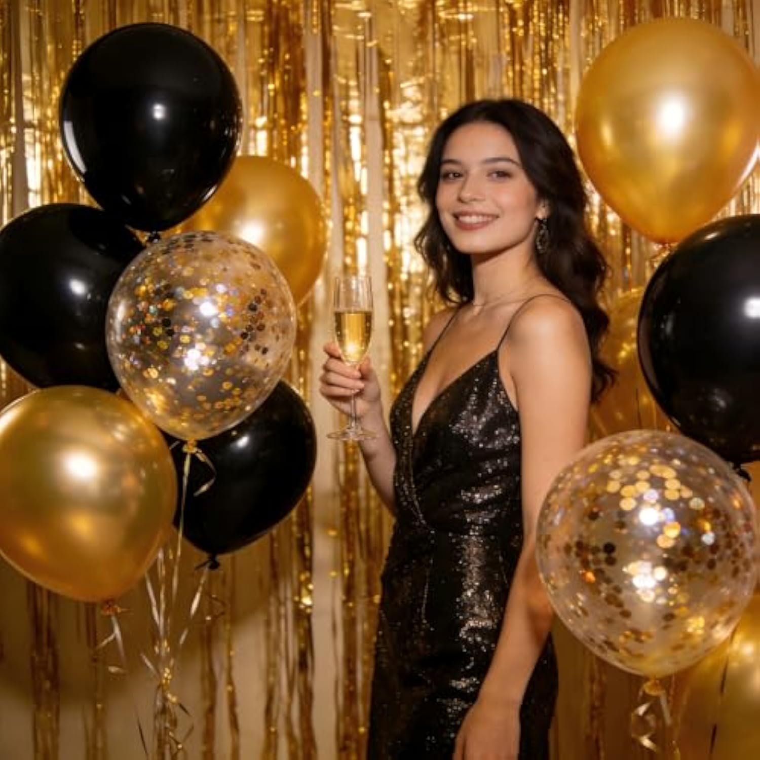 Gold Foil Curtain & Balloon Decoration Set – 2-Pack Metallic Fringe Backdrop With Gold, Black & Silver Balloons (Photo Booth Props For Party, Wedding, New Year)