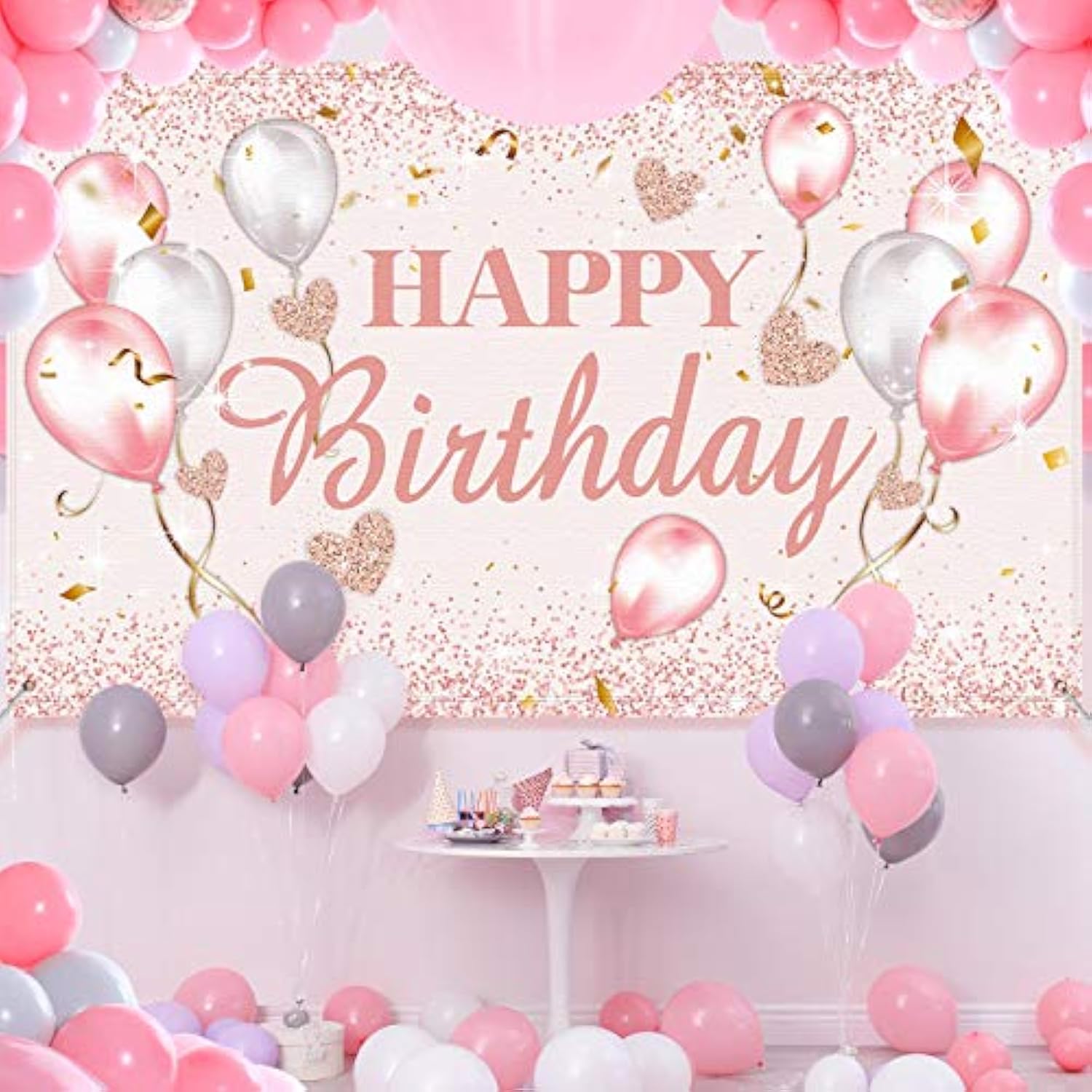 Pink and Rose Gold Birthday Party Backdrop Banner for Women and Sweet 16