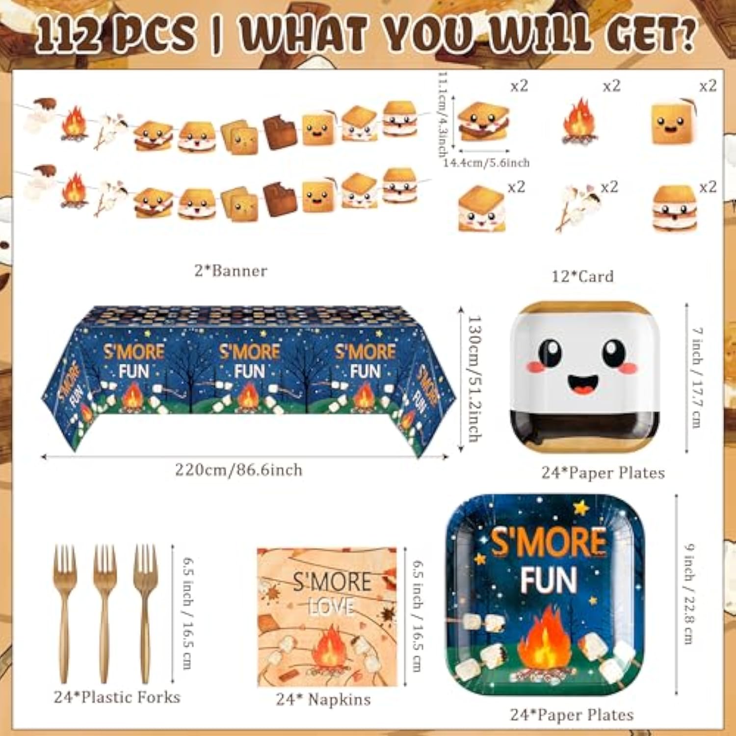 S’Mores Camping Party Decoration - Serves 24 - 112Pcs - S’More Love Fun Party Supplies, Campfire Disposable Plate Napkin Forks Tablecloth Banner Card, For Kid Camper Birthday Baby Shower