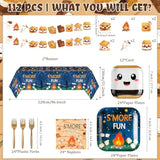 S’Mores Camping Party Decoration - Serves 24 - 112Pcs - S’More Love Fun Party Supplies, Campfire Disposable Plate Napkin Forks Tablecloth Banner Card, For Kid Camper Birthday Baby Shower