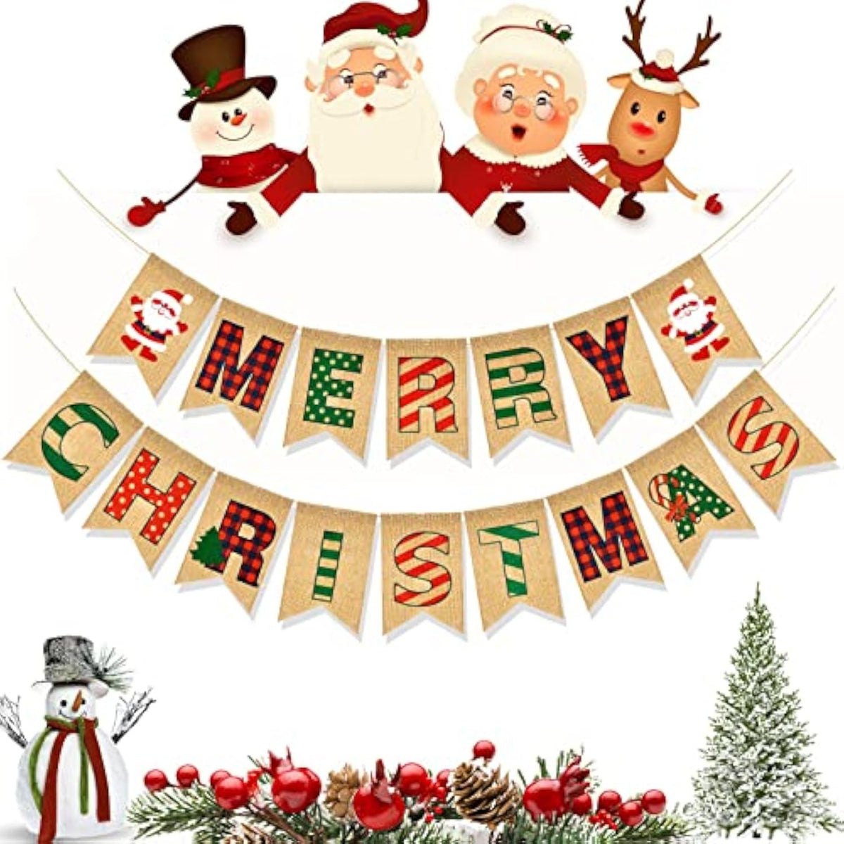 Merry Christmas Banner Burlap, Christmas Banner For Mantle With Santa Claus Sign For Indoor Outdoor Party Decoration