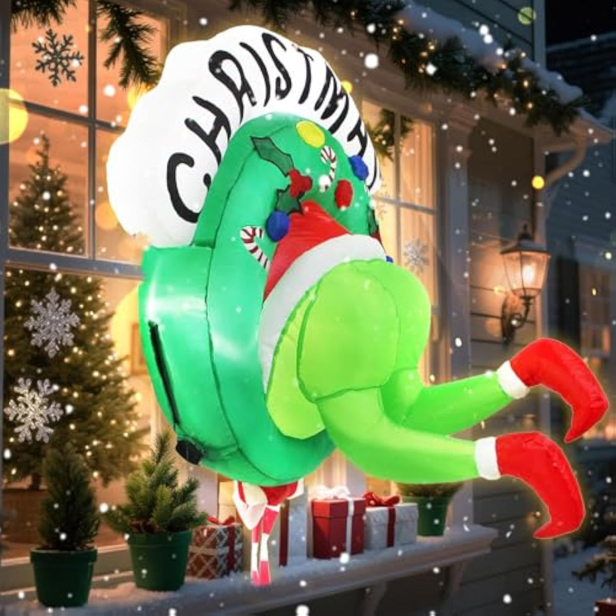 3.5Ft Christmas Inflatable Outdoor Decoration Green Ugly Monster Wreath Christmas Window Inflatable With Built-In Led Li