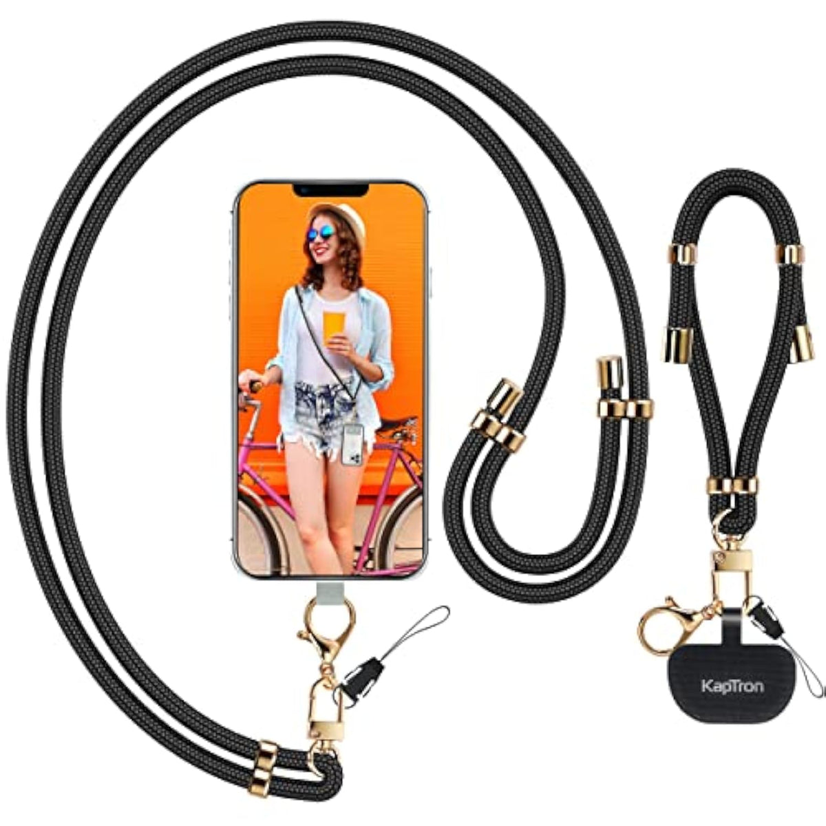 Universal Phone Lanyard With Wrist Strap, Adjustable Crossbody Cell Phone Lanyard Neck Strap And Wristlet Strap With 2 Lobster Clips, Phone Tether Patches And Phone Straps (Black/Gold, 2 Pack)