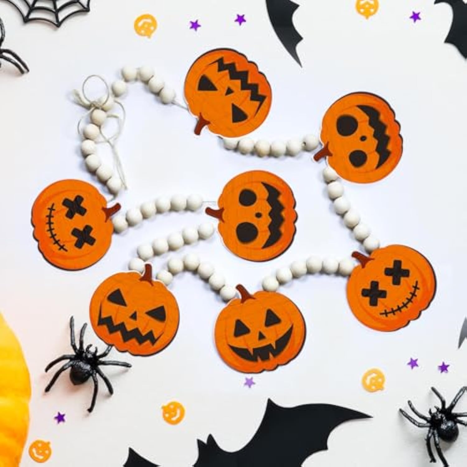5.4Ft Halloween Wooden Bead Garland with Pumpkin Charms for Fireplace Wall Decor