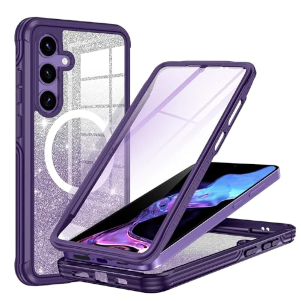 Samsung Galaxy S24 Case with Glitter, Compatible with MagSafe Built-in Tempered Glass Screen Protector & Camera Lens Protection, Amethyst