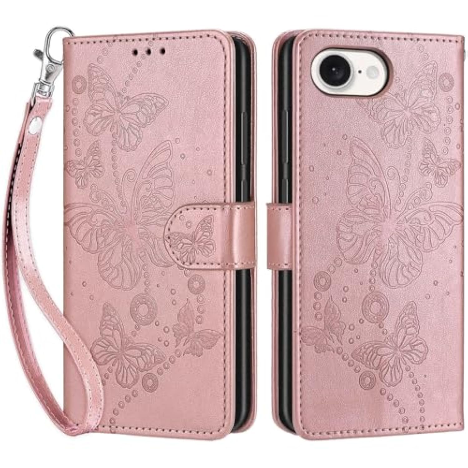 Designed For Iphone 16E Case Wallet,Women Flip Folio Cover With Embossed Pu Leather Stand Credit Card Holders Slots Wrist Strap Phone Case For Iphone 16E 6.1 Inch (Rose Gold Butterfly)