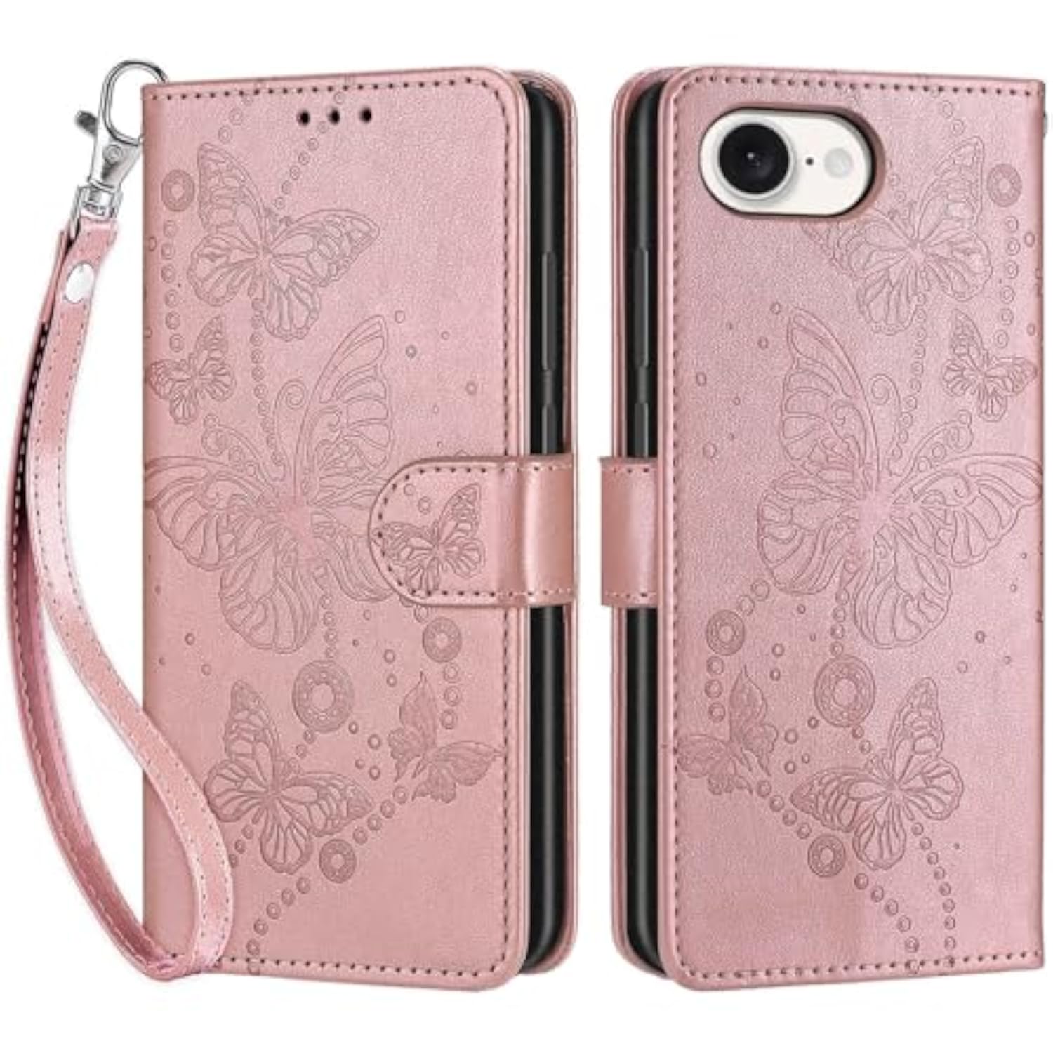 Rose Gold Butterfly Wallet Case for iPhone 16e / iPhone 17e, Leather Flip Phone Case with Card Slots