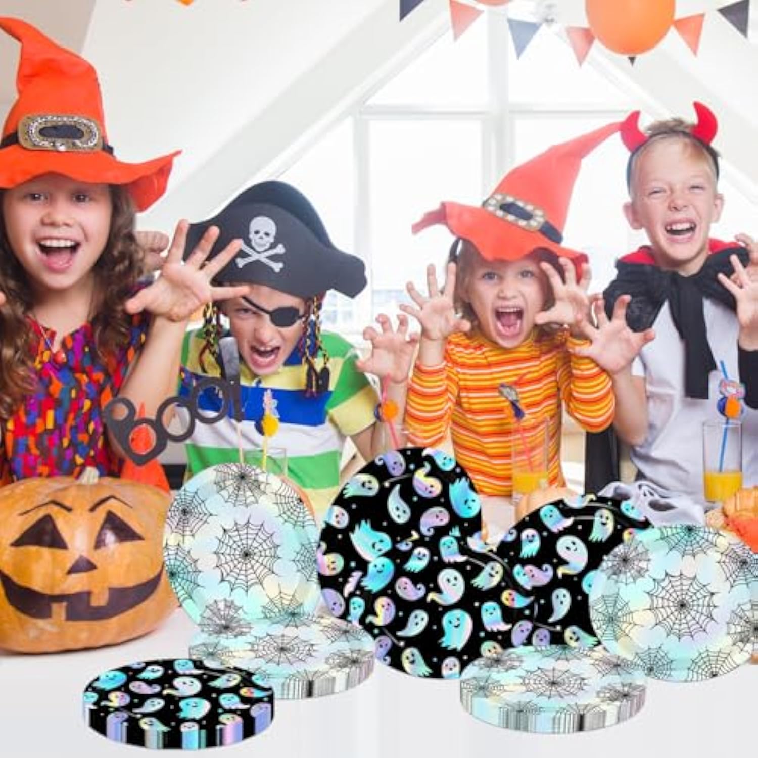 Halloween Plates 50pcs Iridescent Black Silver Ghost Spider Web Party Supplies Decorations