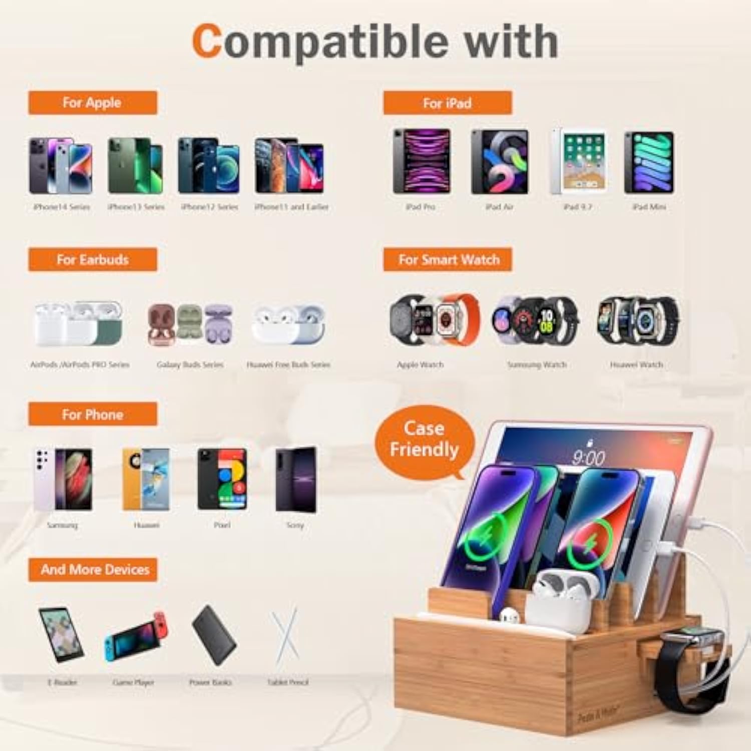 Bamboo Charging Station For Multiple Devices Include 5 Port Usb Charger, 5 Cables, Desktop Organizer For Phones, Tablet, Wooden Docking Stations