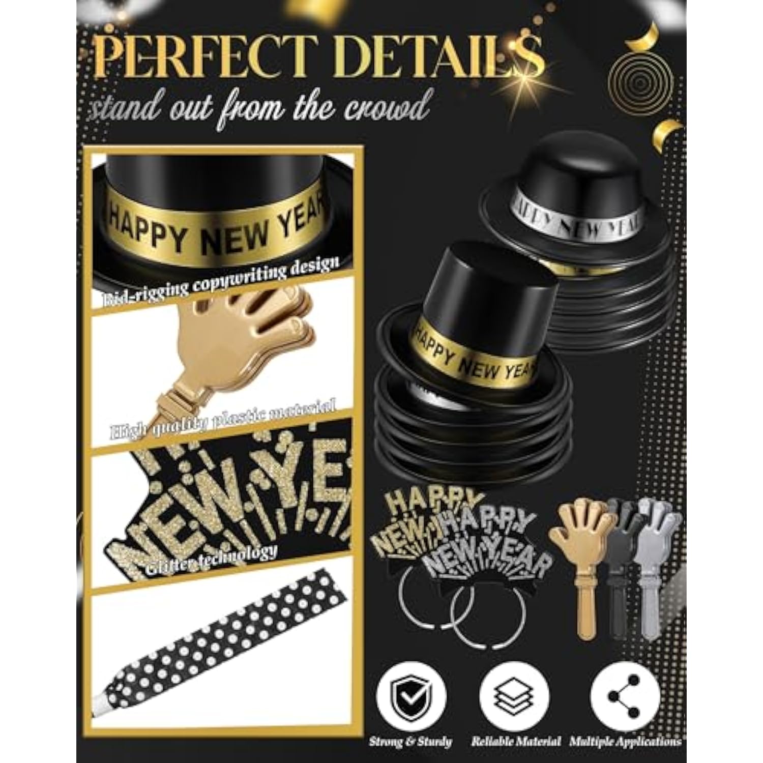 200pcs New Year 2026 Party Favors Black Gold Silver Hats Noise Makers