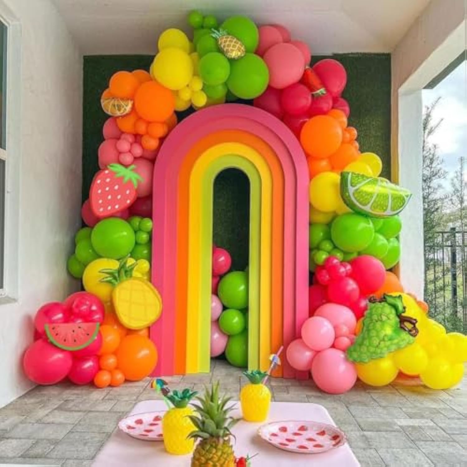 Fruit Balloon Garland Arch Kit Pink Rose Red Yellow Green Orange Balloons With Watermelon Strawberry Lemon Orange Foil Balloons For Twotti Fruity Party Decorations Sweet Birthday Party