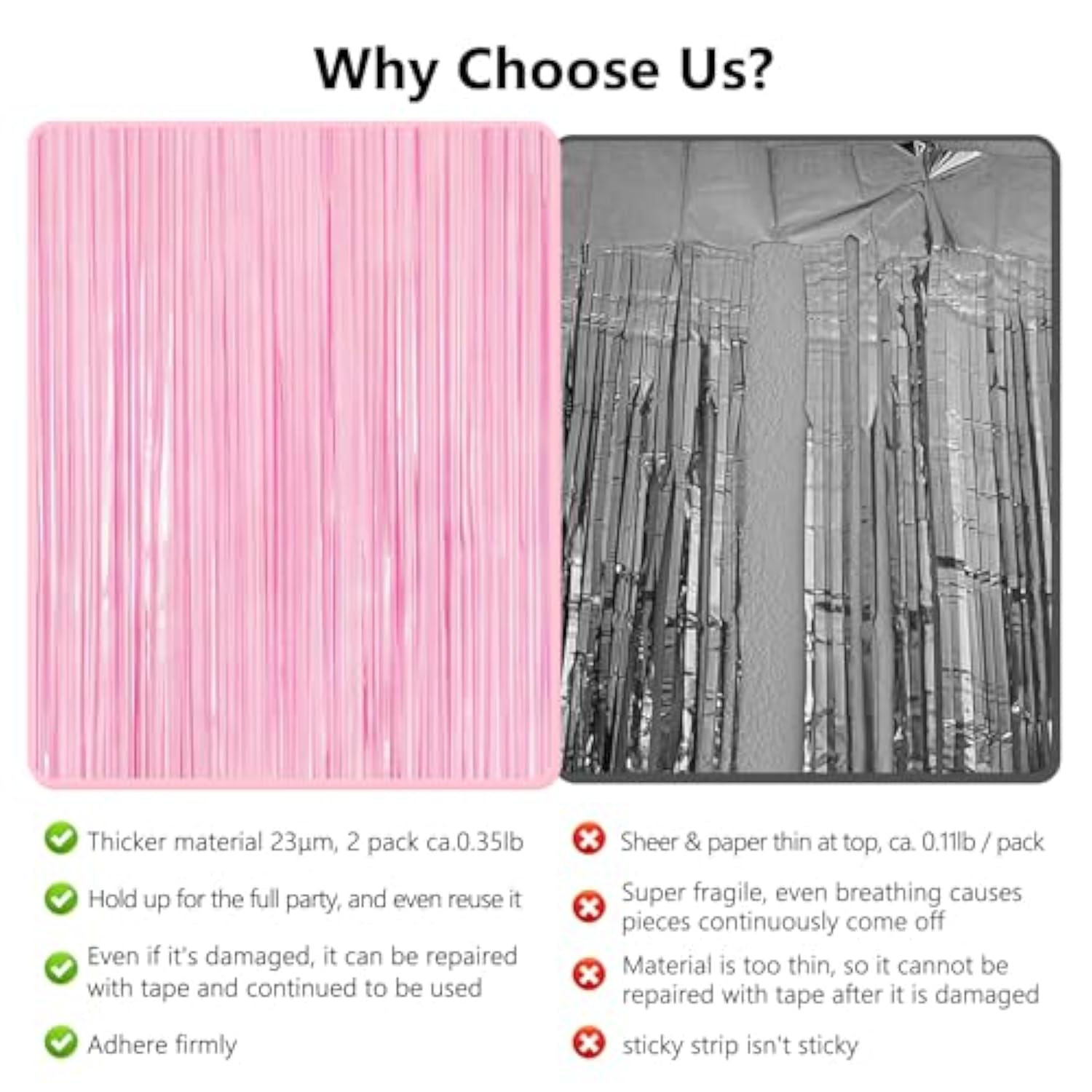 Thicken Pastel Pink Streamers - 2 Pack 3.3X6.6 Ft - Pink Tinsel Foil Fringe Backdrop Curtains For Valentines Day/Galentines Day/Baby Shower/Birthday Party Decorations