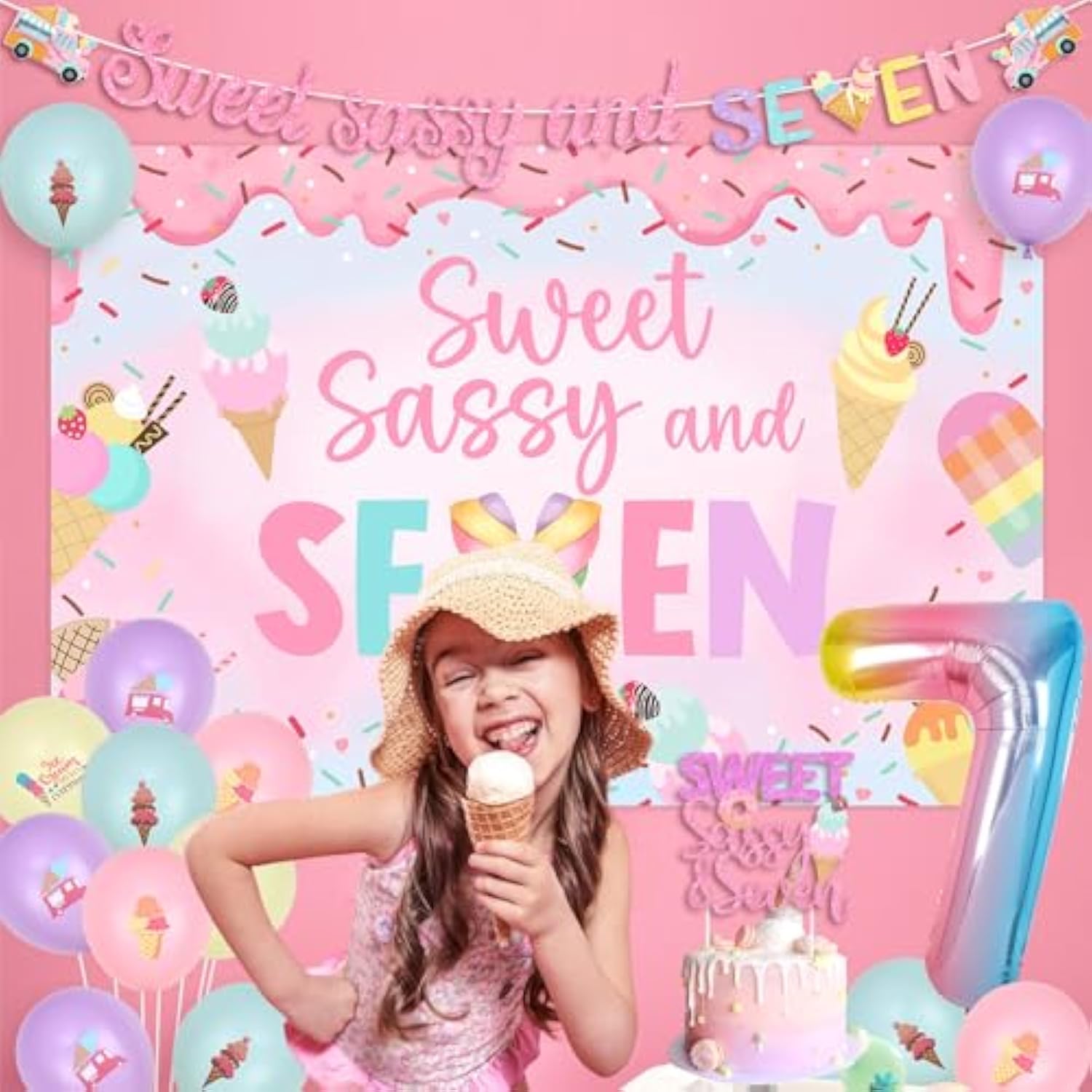Donut 7Th Birthday Party Decorations Sweet Sassy And Seven Birthday Decor Sweet Sassy And 7 Birthday Backdrop Pastel Donut Balloon Garland Kit With Ice Cream Dessert Balloon Decor For Girl